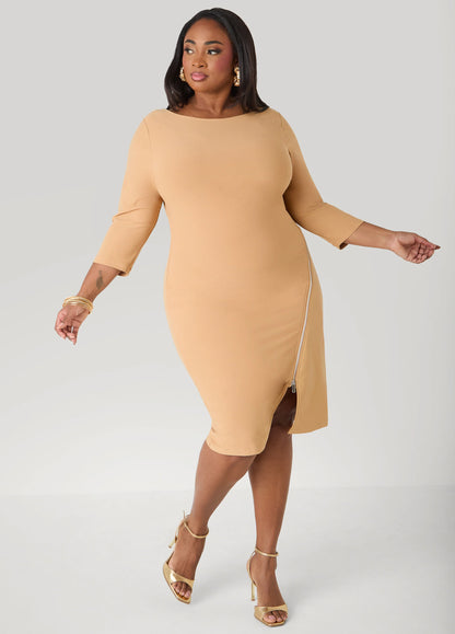 Paneled Zip Detailed Sheath Dress